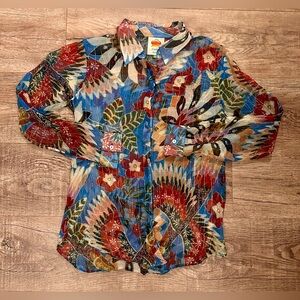 Farm Rio Floral Semi-Sheer Button Down Blouse XS